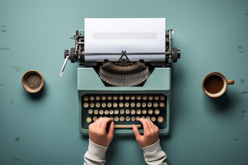 writer's hand poised above a blank page, ready to create a world with words. Include a typewriter or inkwell in the frame and space for the event details. Handwriting Day. With cop