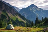 Fototapeta Krajobraz - beautiful mountainside camping spot with a tent