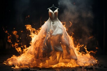 Wall Mural - Burning wedding dress in the flames of the fire. Background with selective focus and copy space