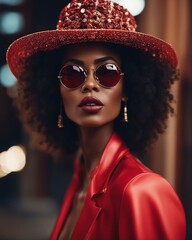 Wall Mural - High fashion studio portrait of young african american woman with red sunglasses