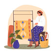 Vector image of woman doing carpet production. Illustration of female near rug. Rugmaker manufacturing persian and turkey yarn. Weaver at loom. Character and textile machine. Decoration craft theme