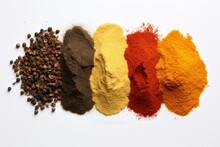 Assorted vibrant seasonings on a white background. Generative AI