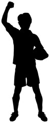 Wall Mural - Digital png silhouette of man standing with arm up and holding rugby ball on transparent background