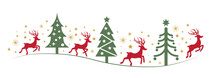 Green Christmas Trees, Blue Reindeers And Golden Stars In Different Design. - Vector Illustration Banner On White Background