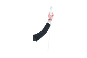 Poster - Digital png photo of hand of caucasian man holding telephone on transparent background