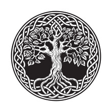 Celtic Tree Of Life Decorative Vector Ornament, Graphic Arts, Dot Work. Grunge Vector Illustration Of The Scandinavian Myths With Celtic Culture.