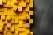 An image depicting education, business solutions, creative design, and finding your niche. Top view of various yellow wooden geometric blocks on a banner with copy space. Generative AI
