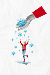 Poster - Exclusive picture collage image of hand throwing new year snow flakes funny girl isolated whitte color background