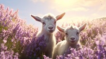 Two Animated Baby Goats Cavorting Amidst A Profusion Of Lavender Blossoms, With Their Energetic Gambols Contrasting The Tranquil Floral Setting.