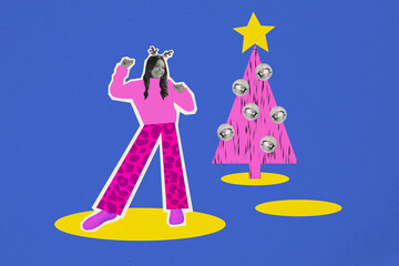 Sticker - Collage artwork minimal picture of funny happy teen girl dancing enjoying christmas festive isolated blue color background