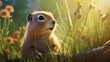 With tufts of fur waving lightly in the evening breeze, a ground squirrel nibbles on a blade of tall grass; the radiant backdrop of a descending sun reflects in its beady eyes