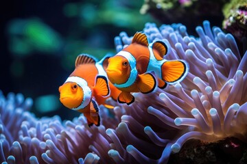 Amphiprion ocellaris clownfish and anemone in sea.