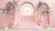 Pink arched doors and coconut tree decorations on the stairs