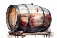 A Watercolor Depiction Of A Vintage Wine Barrel, Painted On A White Background. Generative AI