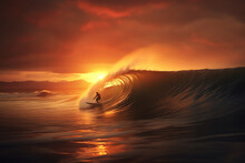 The Serenity Of A Lone Surfer Catching A Wave At Sunset