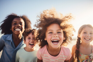 group of cheerful happy multiethnic children outdoors