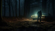 Man digging a grave with pickaxe, car with headlight on, at night in the forest
