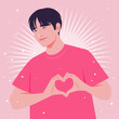Happy Asian man is making a heart sign with his hands. Love gesture. Portrait of a loving husband. Valentines day postcard. Vector flat illustration