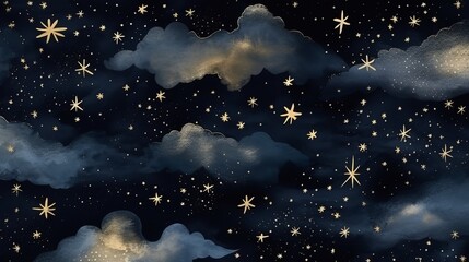Wall Mural - 
enchanting night sky seamless pattern with golden constellations and watercolor clouds