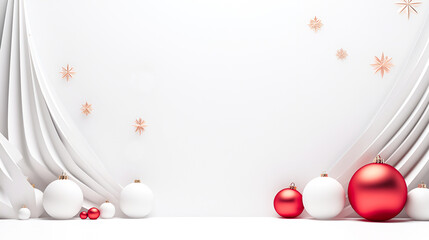 Wall Mural - Christmas creative white background with copy space and white plaster Christmas trees with festive red balls and space for text. 3D rendering advertising Christmas background