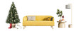 Yellow sofa and chirstmas tree, table with christmas decorations on white background