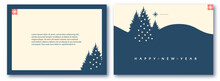 Merry Christmas And Happy New Year Flyer And Card Template Set With Christmas Trees. Coniferous Forest. Fir Tree. Season Winter Offer. Minimal Landscape.