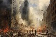 cityscape crumbles as a financial district high-rise topples, symbolic of an economic collapse, with panicked people fleeing the destruction amidst falling debris and billowing smoke