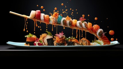 Sticker -  a plate of sushi being tossed with sauce on a black background.  generative ai