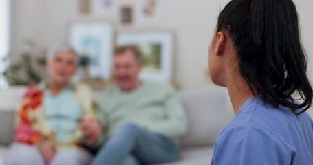 Poster - Psychologist in consultation with old couple on sofa, therapy with mental health professional for support. Therapist, senior man and woman in healthcare counselling with conversation, advice and help