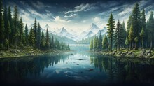  A Painting Of A Lake Surrounded By Pine Trees And Mountains.  Generative Ai