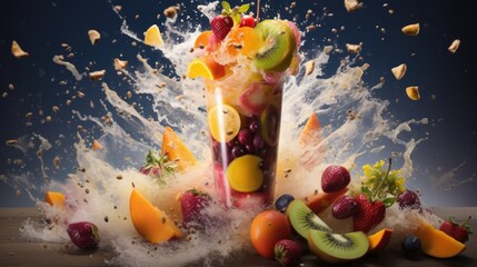 Poster -  a tall glass filled with lots of fruit next to a pile of other fruit.  generative ai