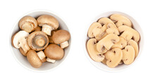 Cultivated Brown Mushrooms, Fresh And Canned Slices, In A White Bowl. Agaricus Bisporus, Or Also Champignons, Common, Button Or Table Mushrooms. Close-up, From Above, Isolated Over White, Food Photo.