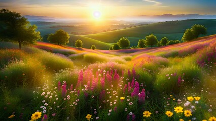 Wall Mural - Realistic sunrise over the field.
