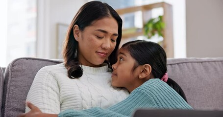 Poster - Home, mother and girl on a couch, hug and laptop with comfort, support and happiness on a break. Family on a sofa, mama or daughter embrace, remote work or care with trust, relax or love with a smile