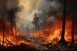 Unstoppable forest wildfire, spreading flames, rampant destruction. Generative AI
