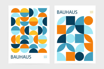 Wall Mural - Geometric bauhaus pattern posters. Abstract circle square shapes, modern minimal swiss background layout. Vector flat set