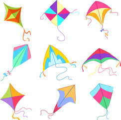 Poster - kite set cartoon. air toy, fly sky, fun leisure kite sign. isolated symbol vector illustration