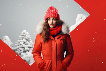 Wall Mural - A woman in a down coat and a hat in a red frame on a snowy Christmas tree background.