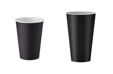 Set of empty, black paper glasses for mockups and designs, isolated on a transparent background with a PNG cutout or clipping path.