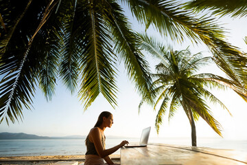 Freelancer girl with a computer among tropical palm trees work on the island in sunset