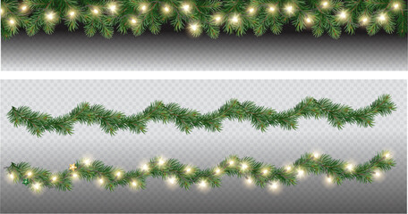 Wall Mural - Vector border with green fir branches and with festive decoration elements on transparent background. Christmas tree garland with fir branches and lights.