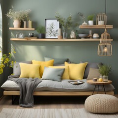 Wall Mural - home interior design of modern living room. Rattan sofa with mint cushions and yellow pillows against green wall with wooden shelf