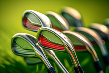 Tee Time: Golf Clubs Lined Up For A Day On The Green, Ai Generative