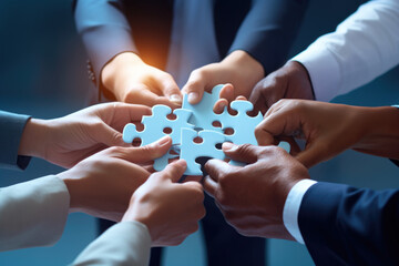 Business hands, puzzle and group of people for solution, teamwork and goals, integration and success. Team building, synergy and collaboration