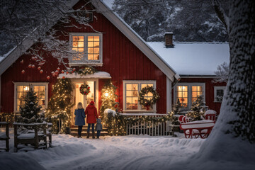 cozy house adorned with twinkling lights and garlands, a family gathers around a beautifully decorated Christmas tree, their faces reflecting the warm glow of the hearth. Outside, a pristine  blanket.