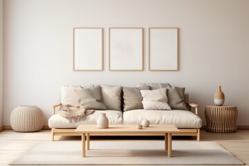 Poster - modern living room with sofa with blanket and pillows, scandinavian style home interior design