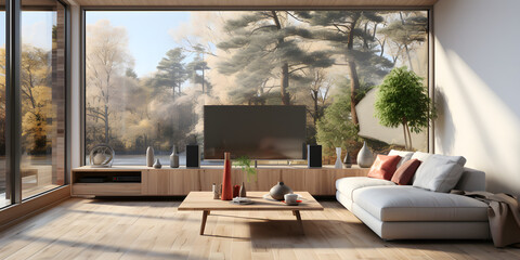 Wall Mural - minimalist home interior design of modern living room. Grey sofa near floor to ceiling window against tv unit