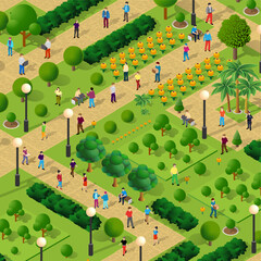 Isometric people lifestyle communication in an urban environment in a park