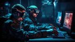 Military at computers in a dark room