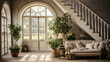 Staircase and arched window in farmhouse hallway. Rustic style interior design of entrance hall in country house